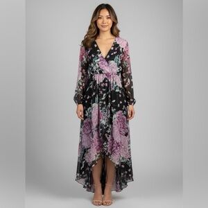 Floral High-Low Maxi Dress | Size 8 | Long Sleeve V-Neck Chiffon